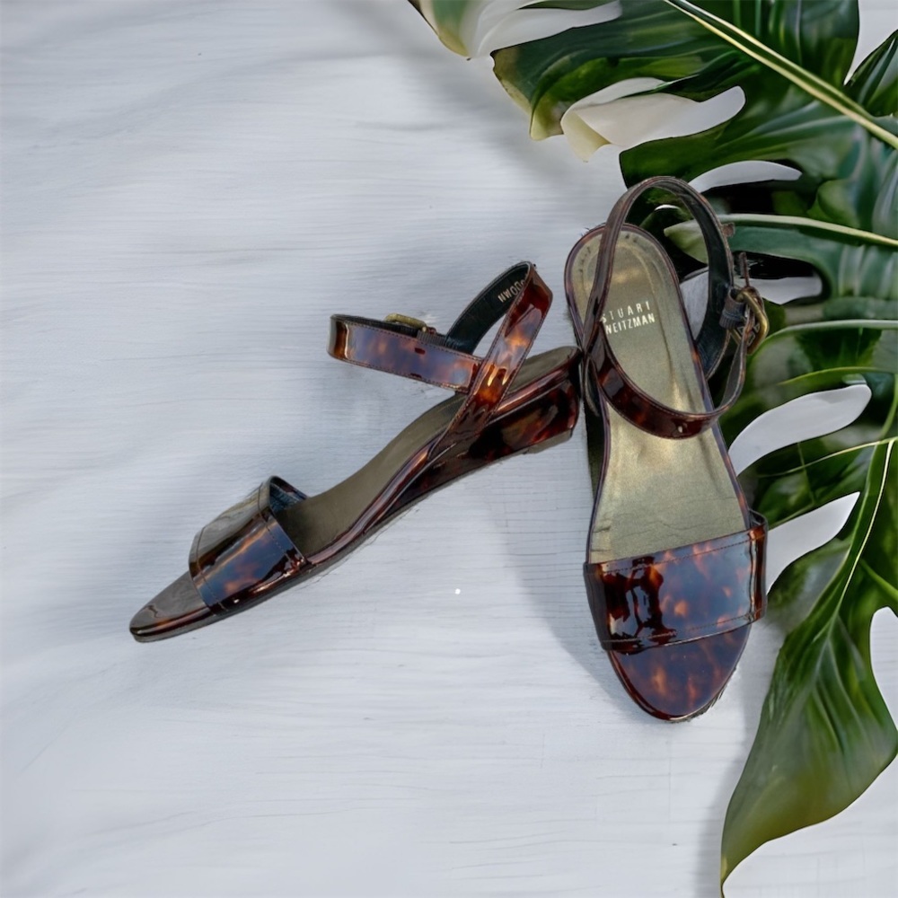 STUART Weitzman tortoiseshell patent leather wedge sandal heels